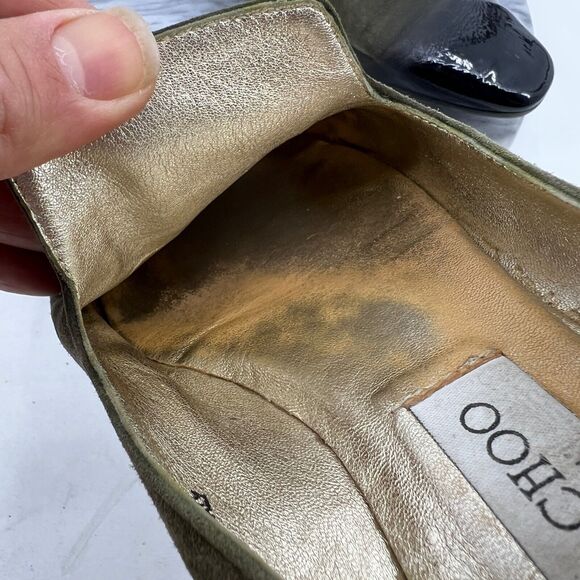 Jimmy Choo Womens 38 Loafer Moss Green Suede Slip On Patent Leather Cap Toe - Picture 12 of 14